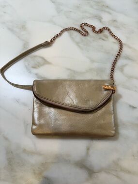 HOBO Metallic Taupe/Gold Leather Crossbody with Rose Gold Chain